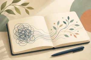 Otwarty notes i pióro, z których splątane linie układają się w spokojny wzór