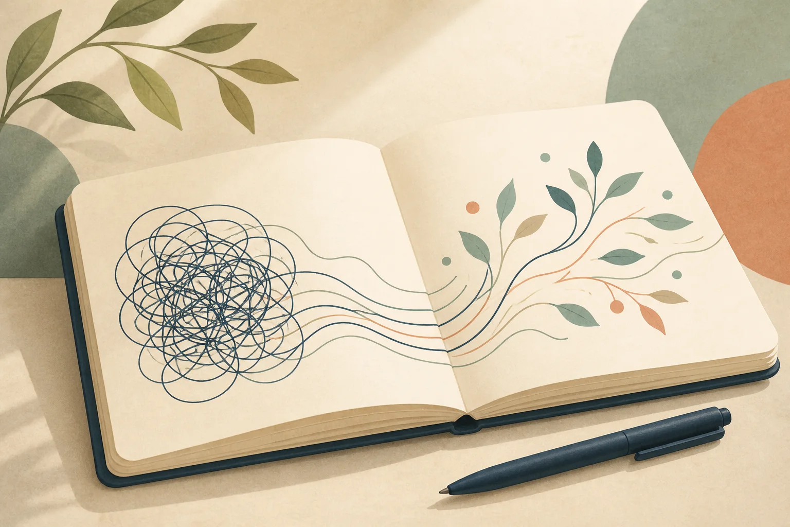 Otwarty notes i pióro, z których splątane linie układają się w spokojny wzór