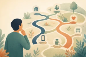 Symboliczna mapa kilku bezpiecznych dróg i punktów wsparcia bez nazw i napisów